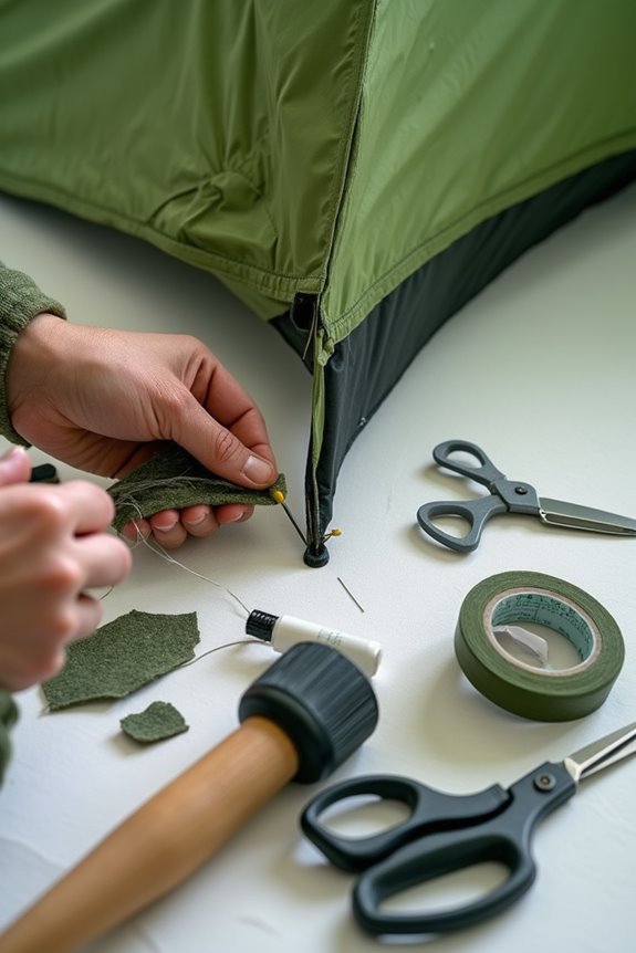 repairing a torn tent